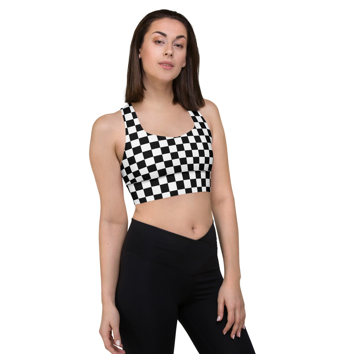 Checkered sports bra with square neckline and racerback straps, cropped longline