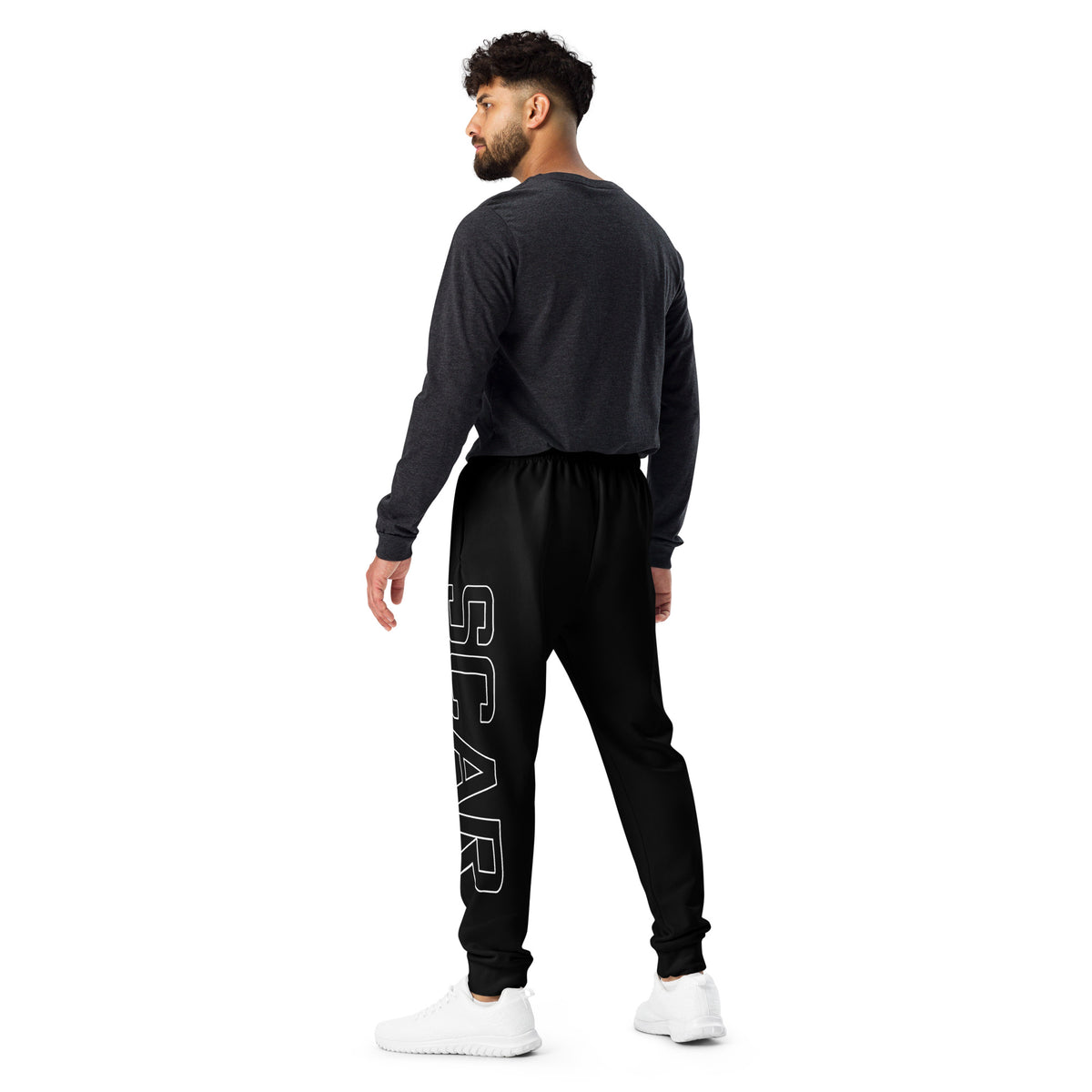 Black men's joggers shown from the side with large white logo on the thigh