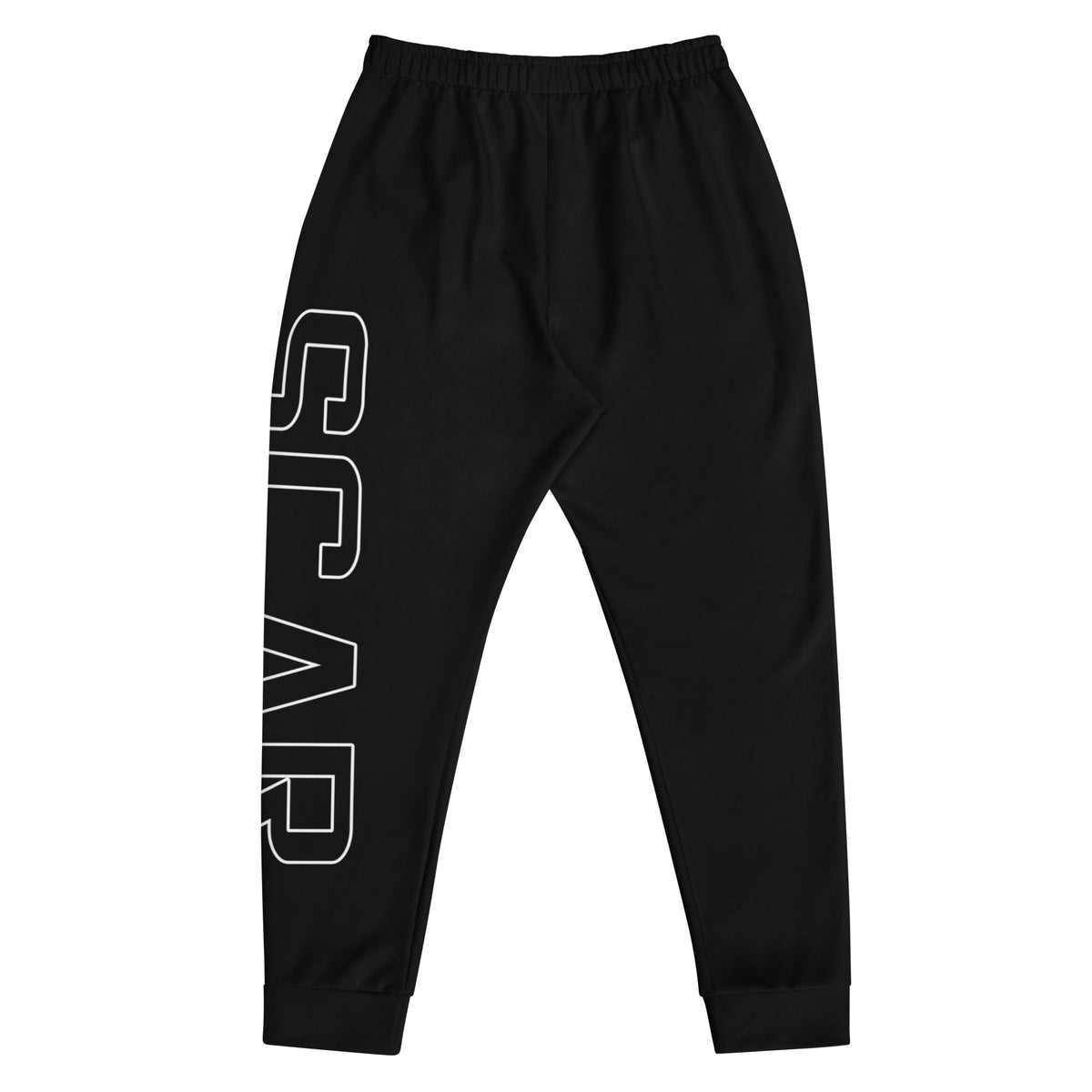 Black men's joggers with large vertical white logo print at left leg