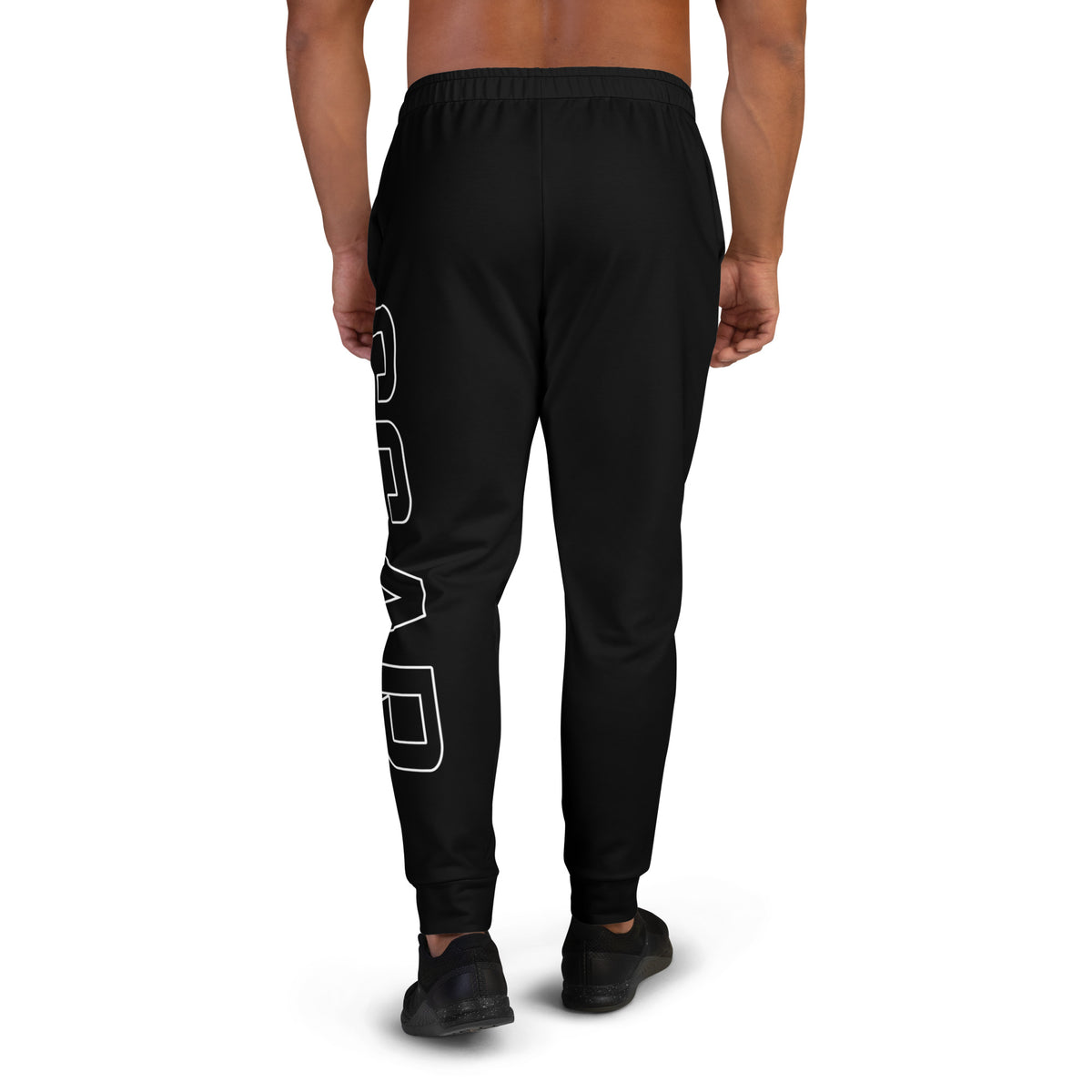 Black men's joggers back view with vertical white logo print on left leg