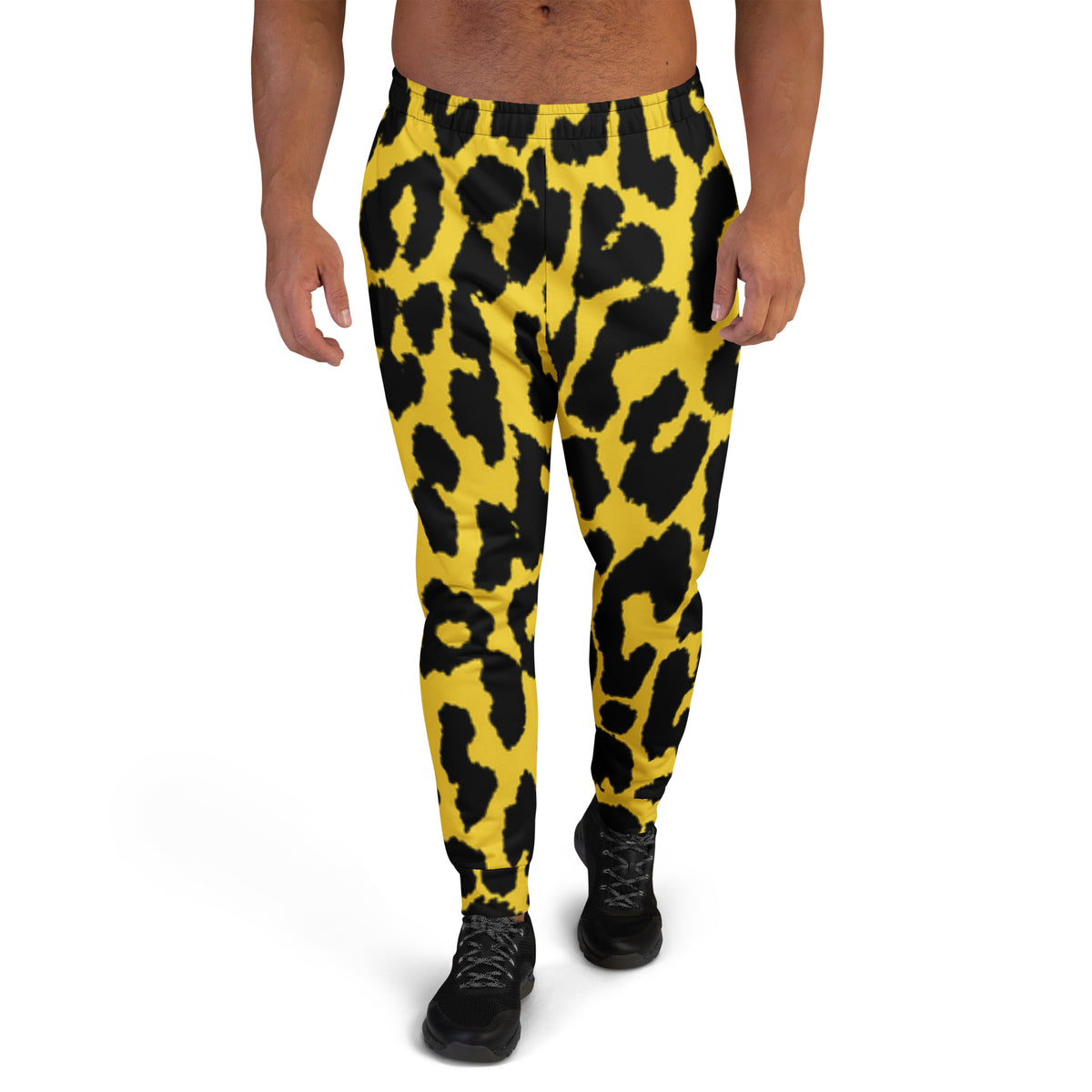 Men's leopard print joggers, yellow with black spots, elastic waistband and slim legs