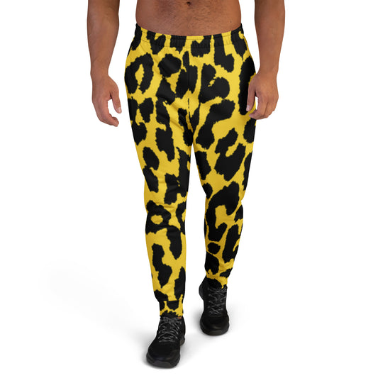 Men's leopard print joggers, yellow with black spots, elastic waistband and slim legs