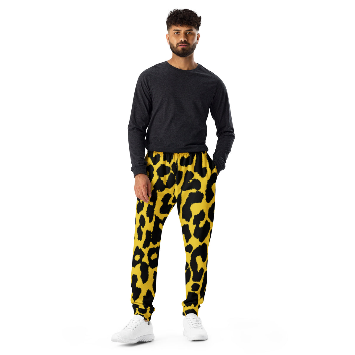 Men's leopard print joggers with yellow-and-black spots, ankle cuffs and tapered slim fit