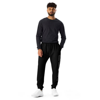 Men's black joggers with drawstring waist and white logo on the leg