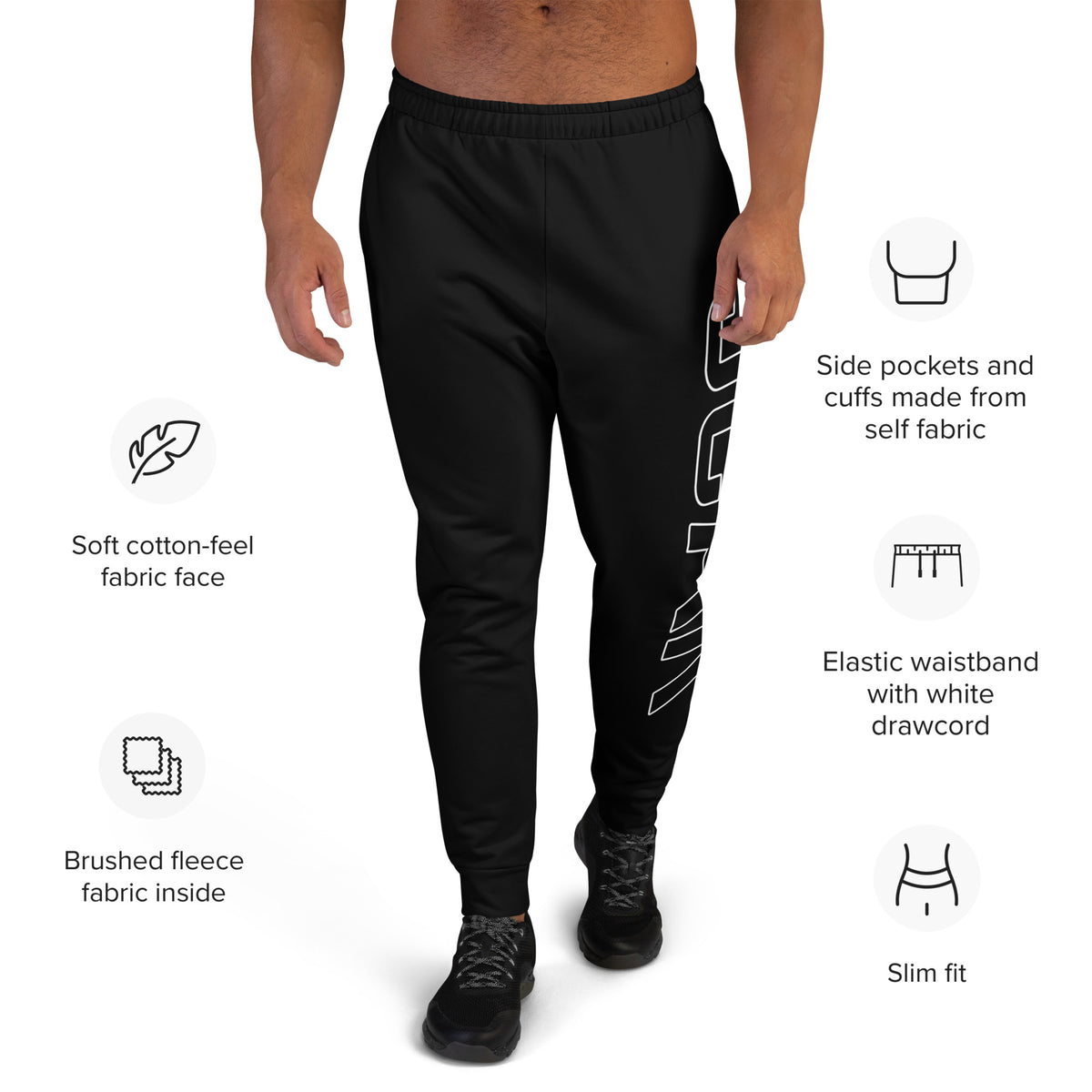Black men's joggers with elastic waistband, white drawcord, and side logo print