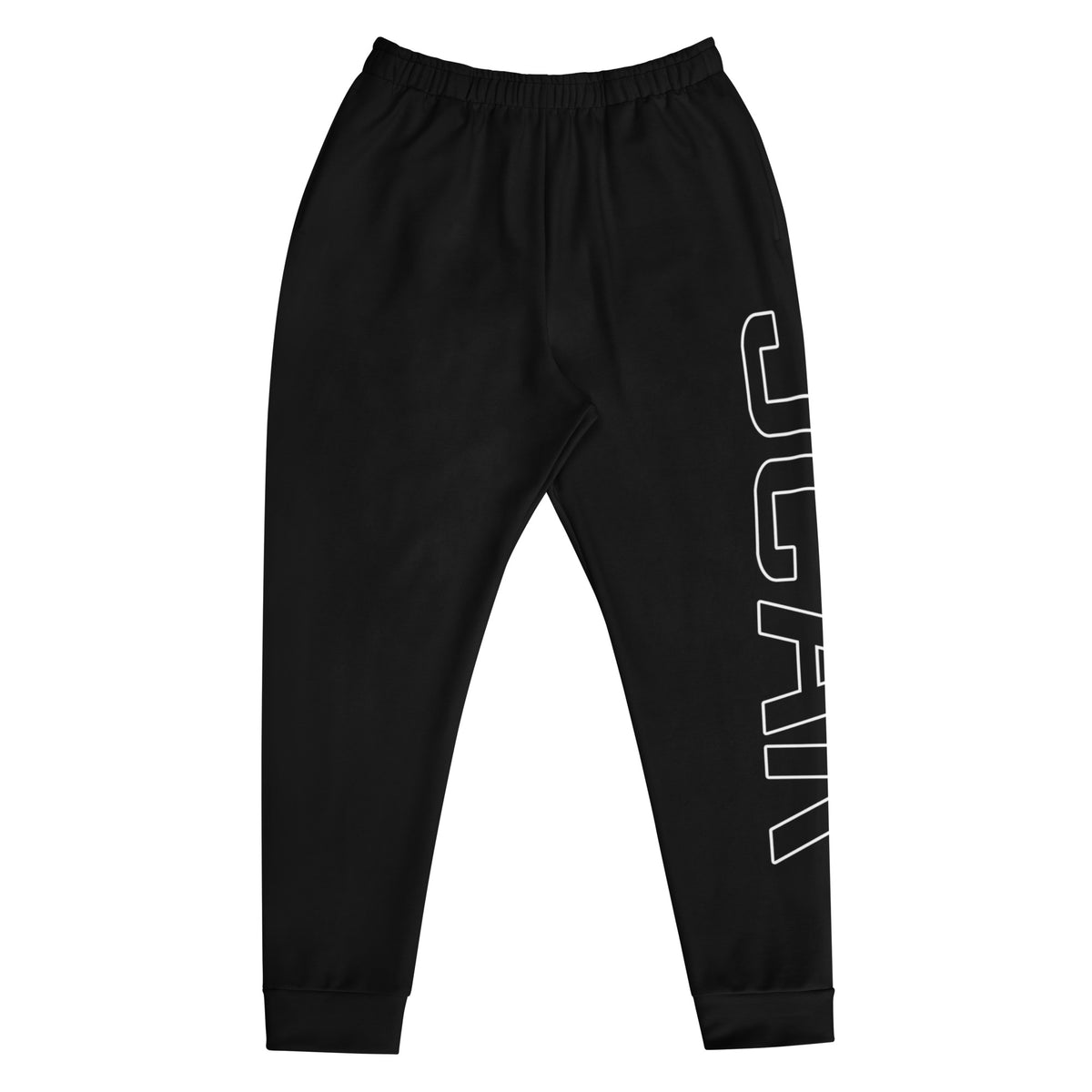 Black jogger pants with white logo printed along the right leg