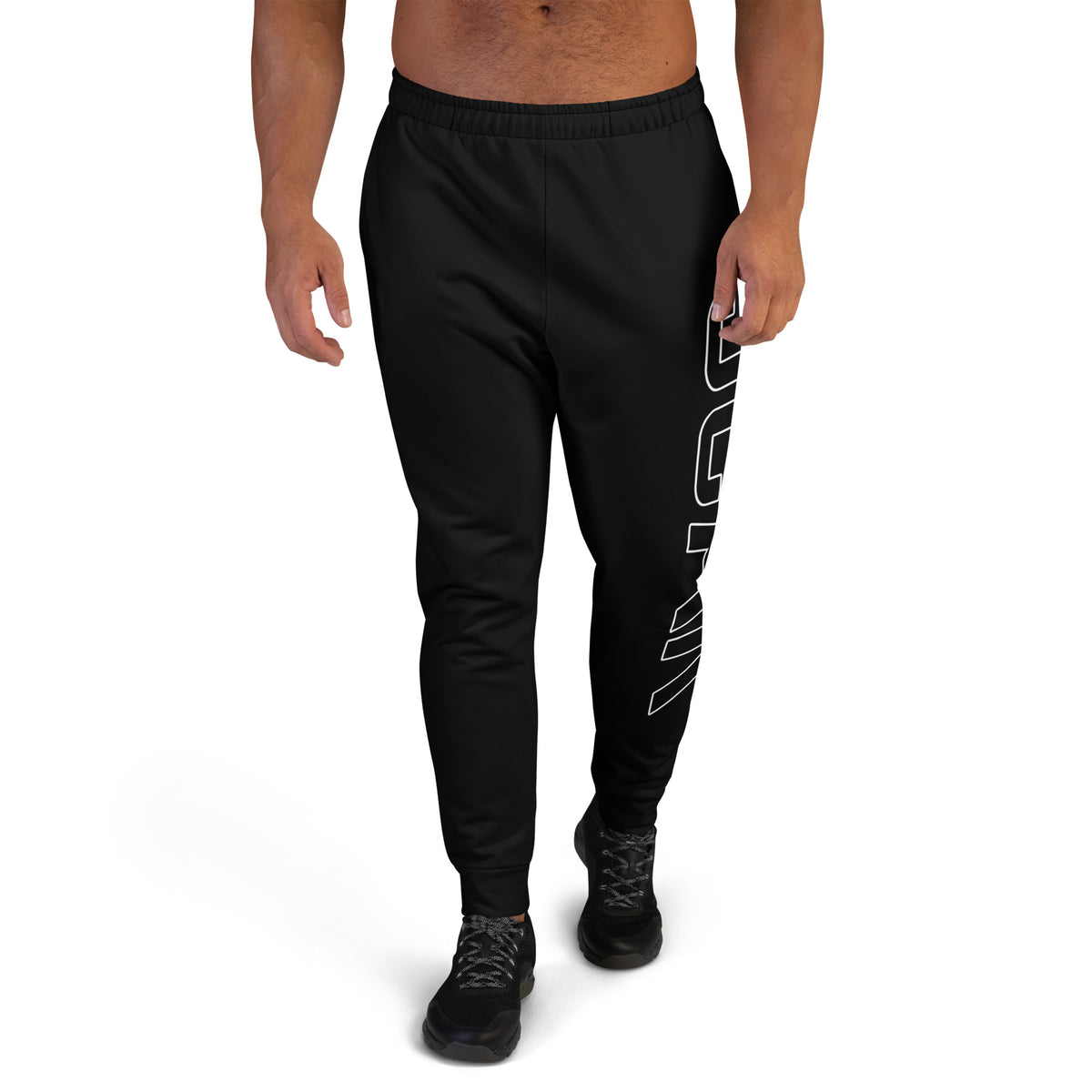 Black men's joggers with white logo print on right thigh and tapered legs