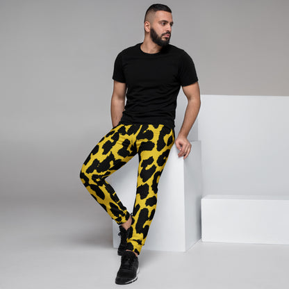 Men's leopard print joggers, yellow and black, tapered legs with elastic cuff hems