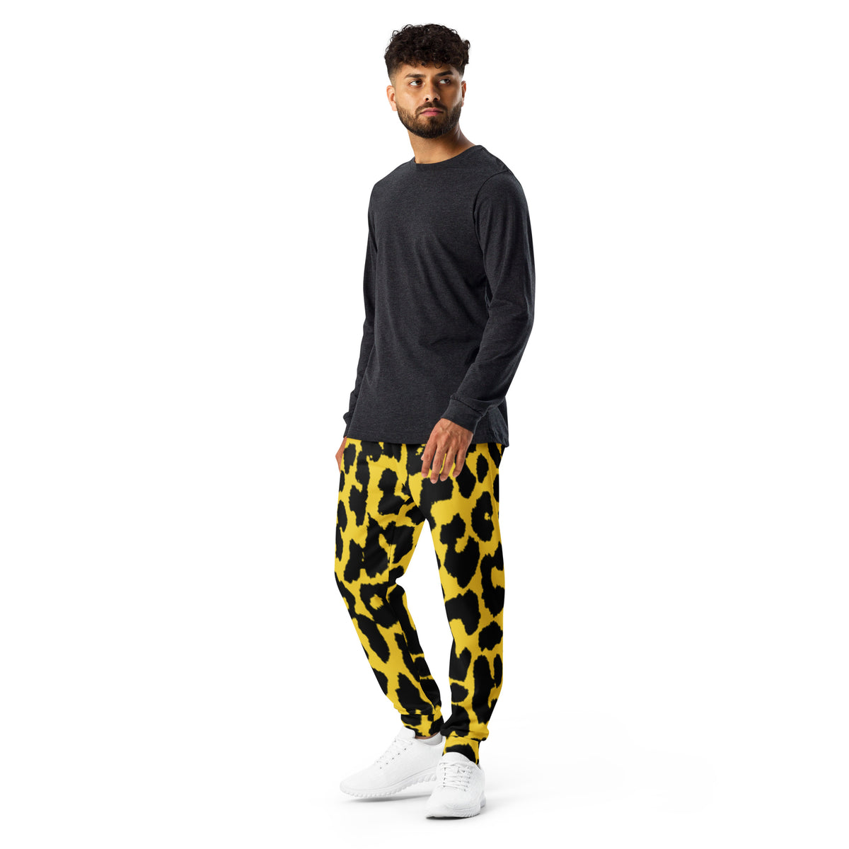 Leopard print joggers in yellow and black, tapered fit with elastic waistband