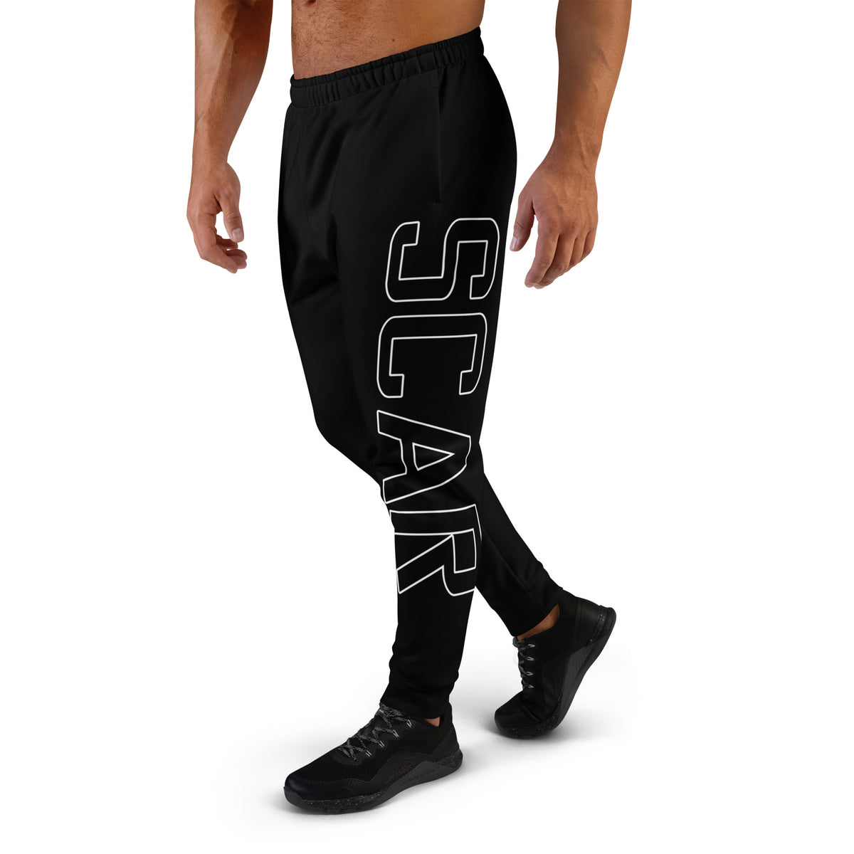 Black men's joggers with large white logo on the left leg