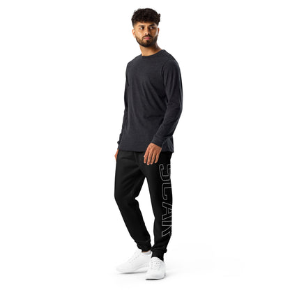 Men's black joggers with drawstring waist and white logo graphic on side