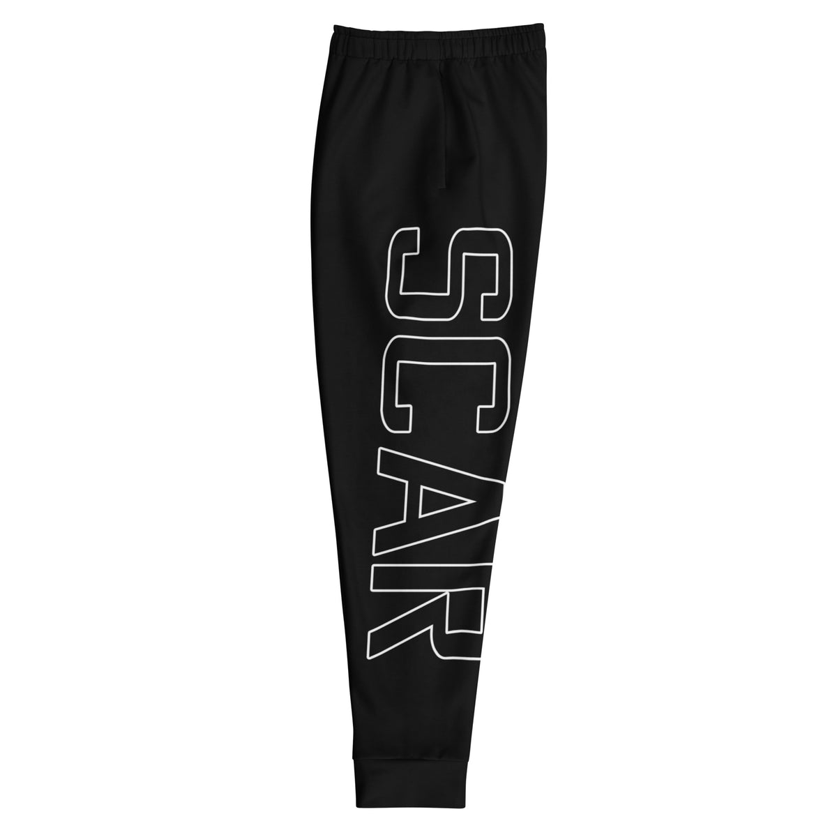 Black jogger pants with large white vertical logo graphic on one leg