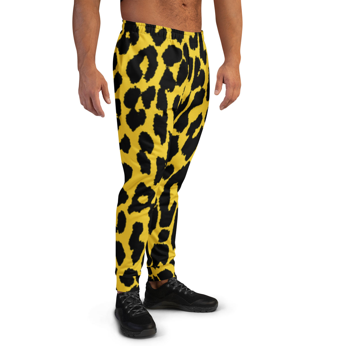 Leopard print men's joggers, yellow with black spots, elastic waistband and tapered silhouette