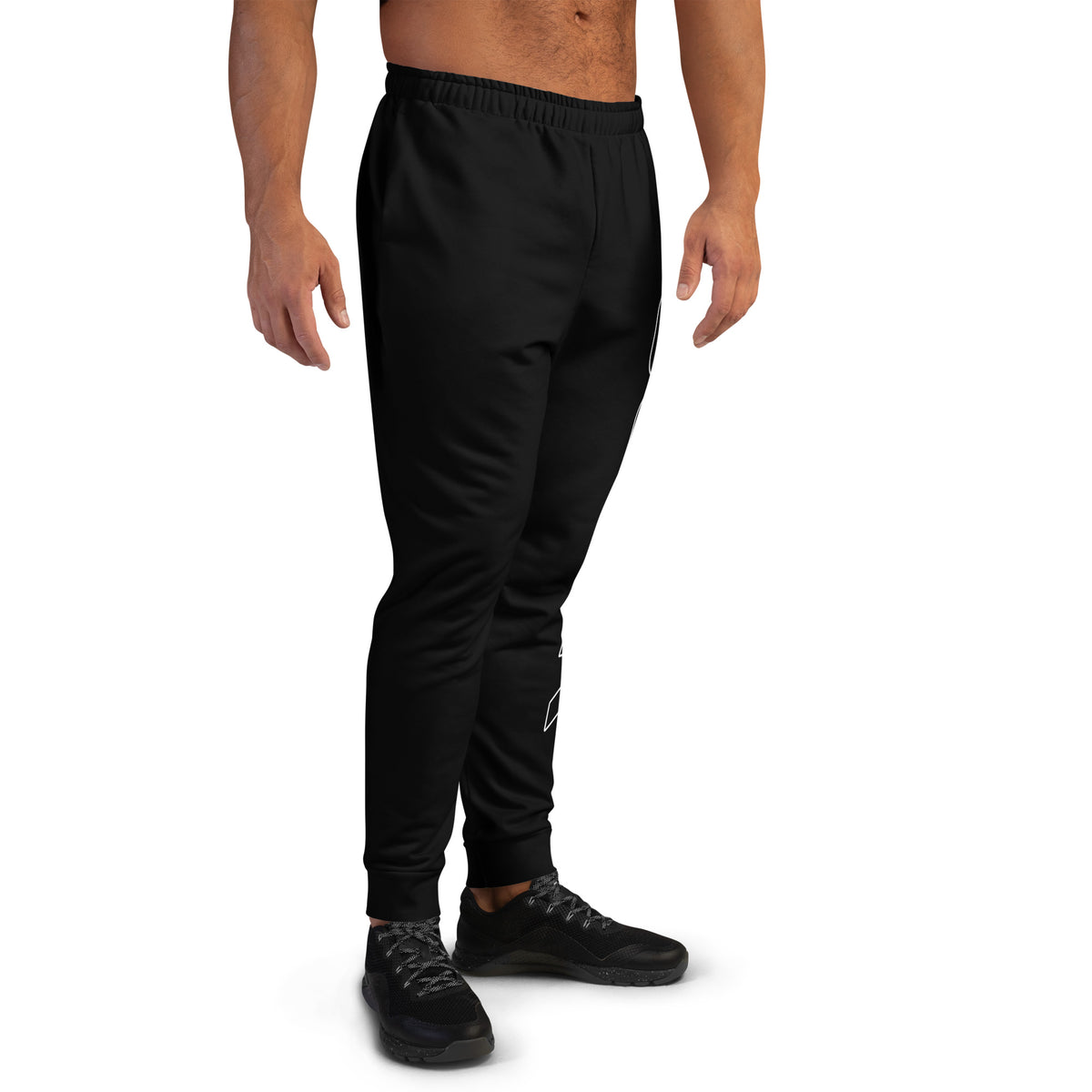 Black men's joggers front view with white logo on left leg and tapered cuffs