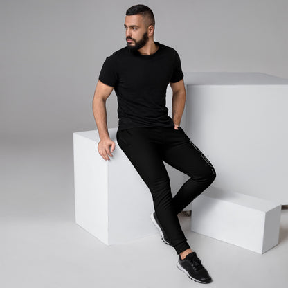 Black men's joggers with side white logo stripe and tapered ankle cuffs