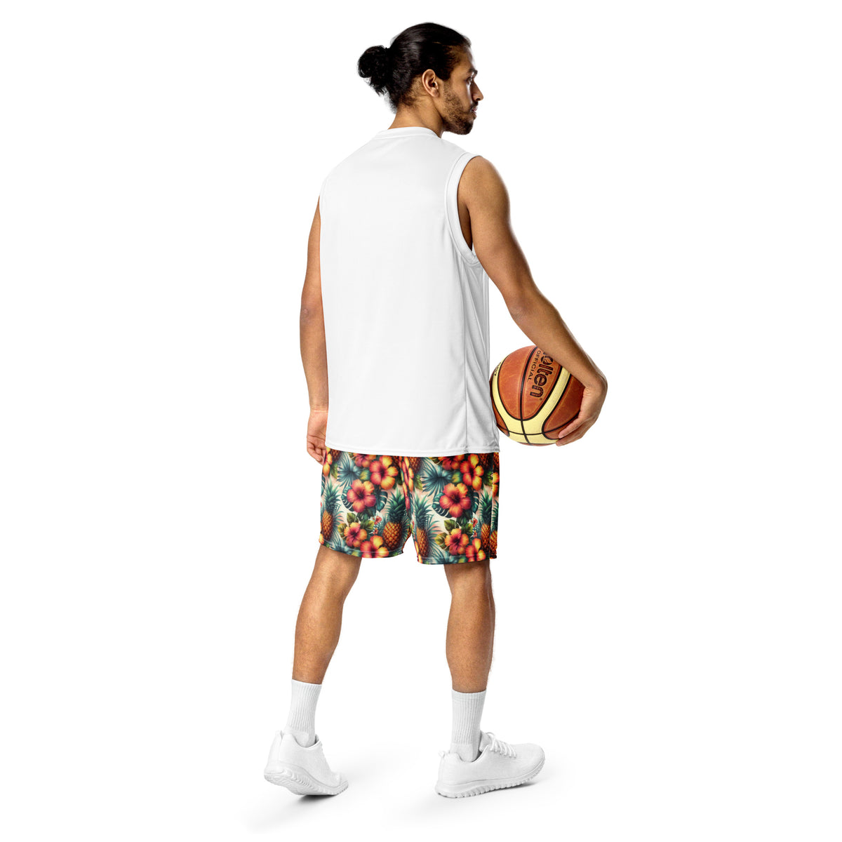 Tropical pineapple flower shorts on model, back view with white socks visible