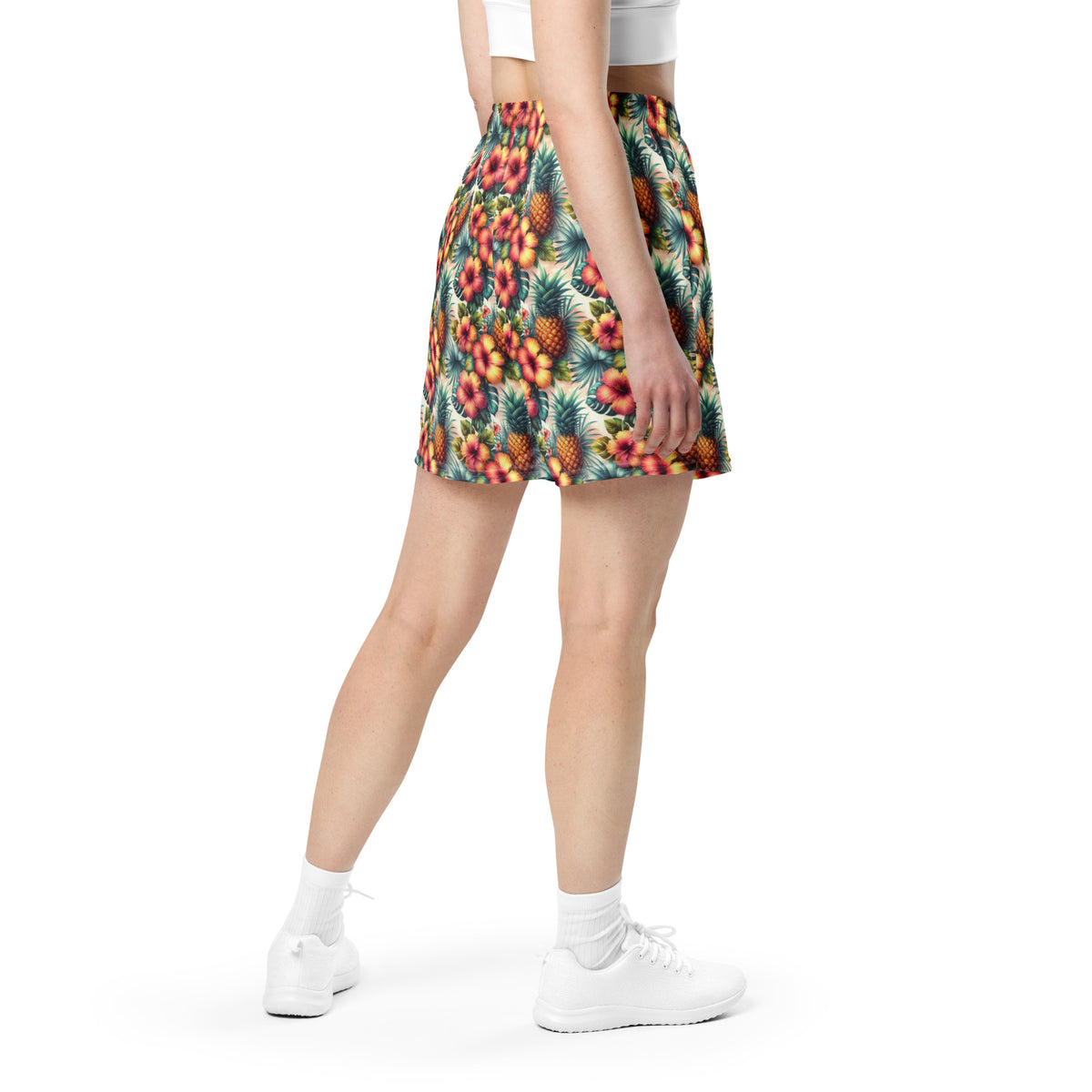 Unisex mesh shorts with tropical pineapple and hibiscus print, elastic waist, side seams