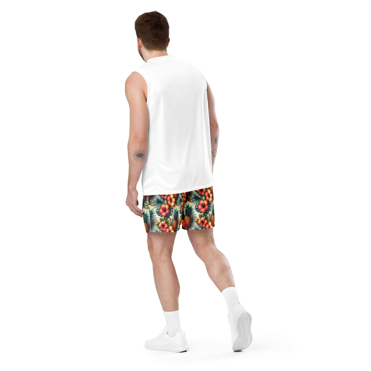 Unisex mesh shorts with tropical pineapple and floral print, back view hem