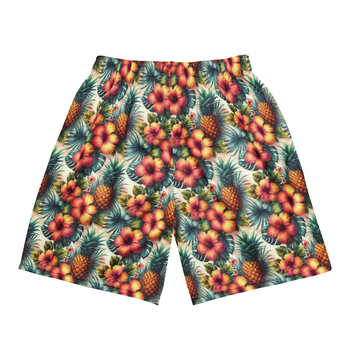 Unisex mesh shorts with all-over tropical fruit and flower print, relaxed straight legs