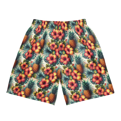 Unisex mesh shorts with all-over tropical fruit and flower print, relaxed straight legs