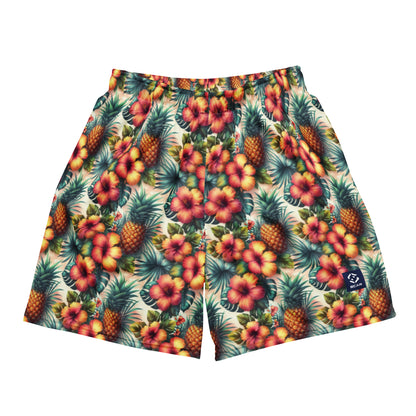 Unisex shorts with tropical pineapple and flower print, colorful on a dark teal base