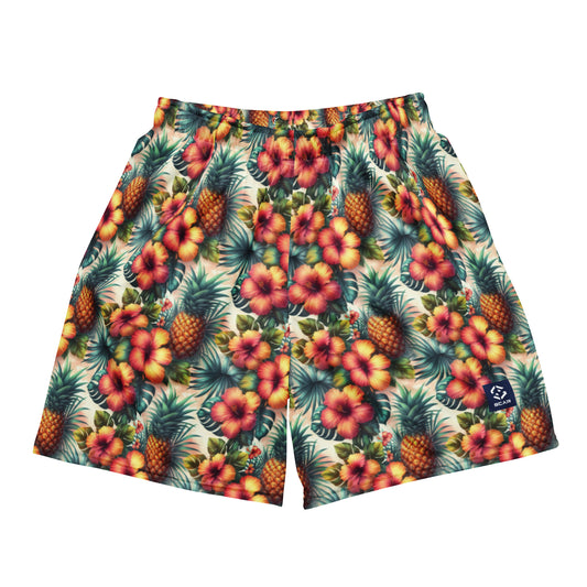 Unisex shorts with tropical pineapple and flower print, colorful on a dark teal base