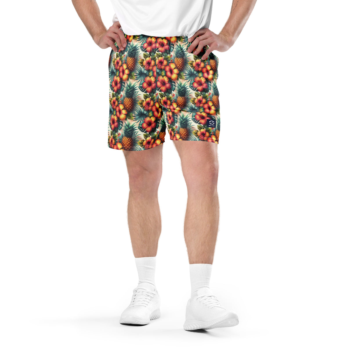 Tropical pineapple flower unisex shorts with elastic waistband, close-up from front