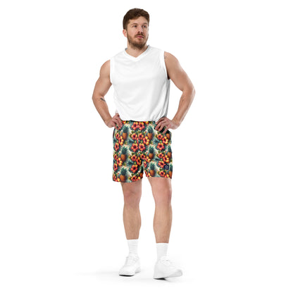 Tropical pineapple flower unisex shorts with elastic waistband, worn front view on model