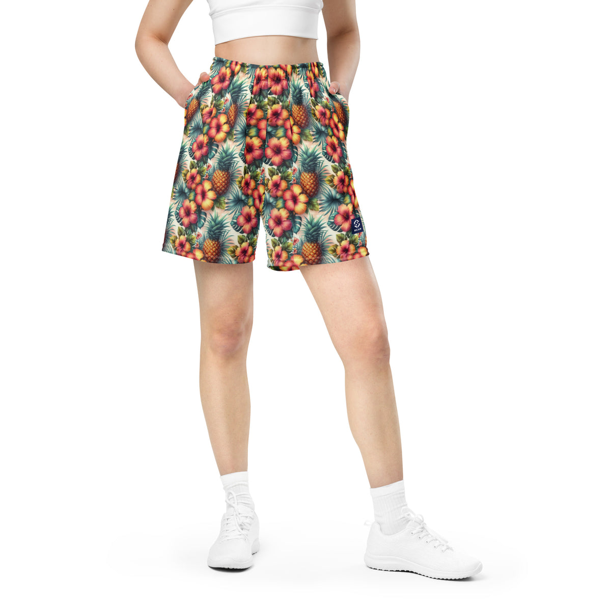 Unisex mesh shorts with tropical pineapple and floral print, elastic waistband, side pockets