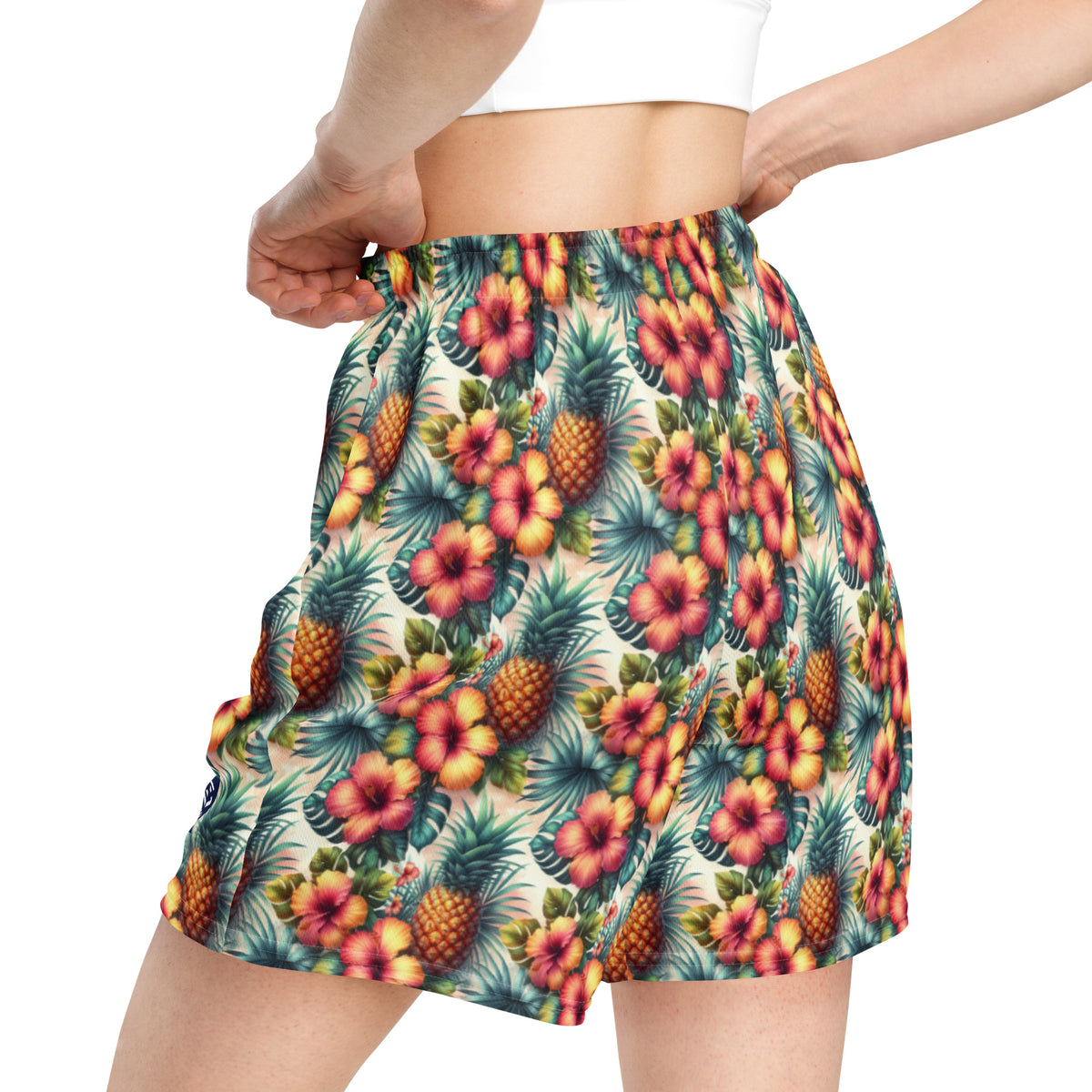 Tropical pineapple flower shorts with elastic waistband, gathered detail, side view