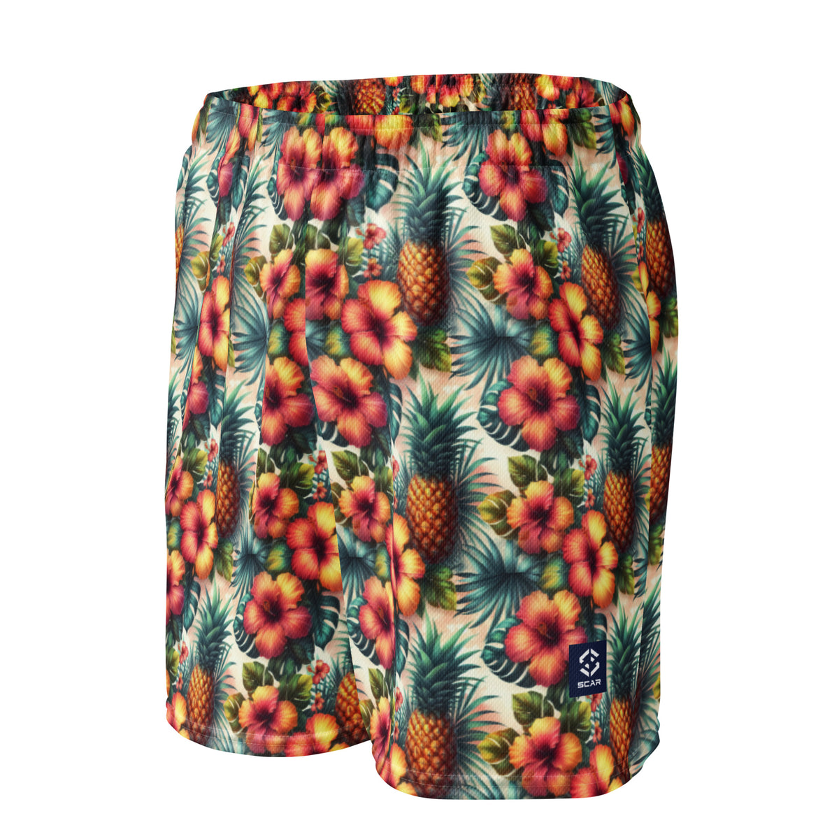 Flat-lay tropical pineapple flower unisex shorts with elastic waistband and dark teal background