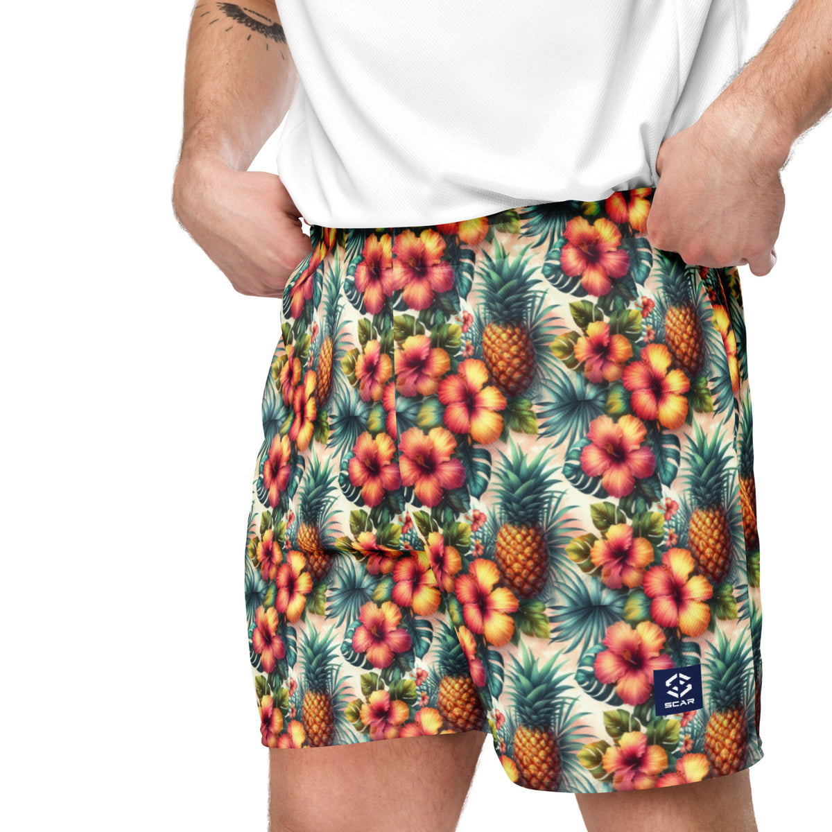 Unisex mesh shorts with tropical pineapple floral pattern, inner drawcord, side pockets
