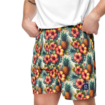 Unisex mesh shorts with tropical pineapple floral pattern, inner drawcord, side pockets