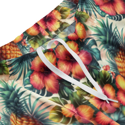 Tropical print shorts with white drawstring on the waistband, pineapple and floral pattern