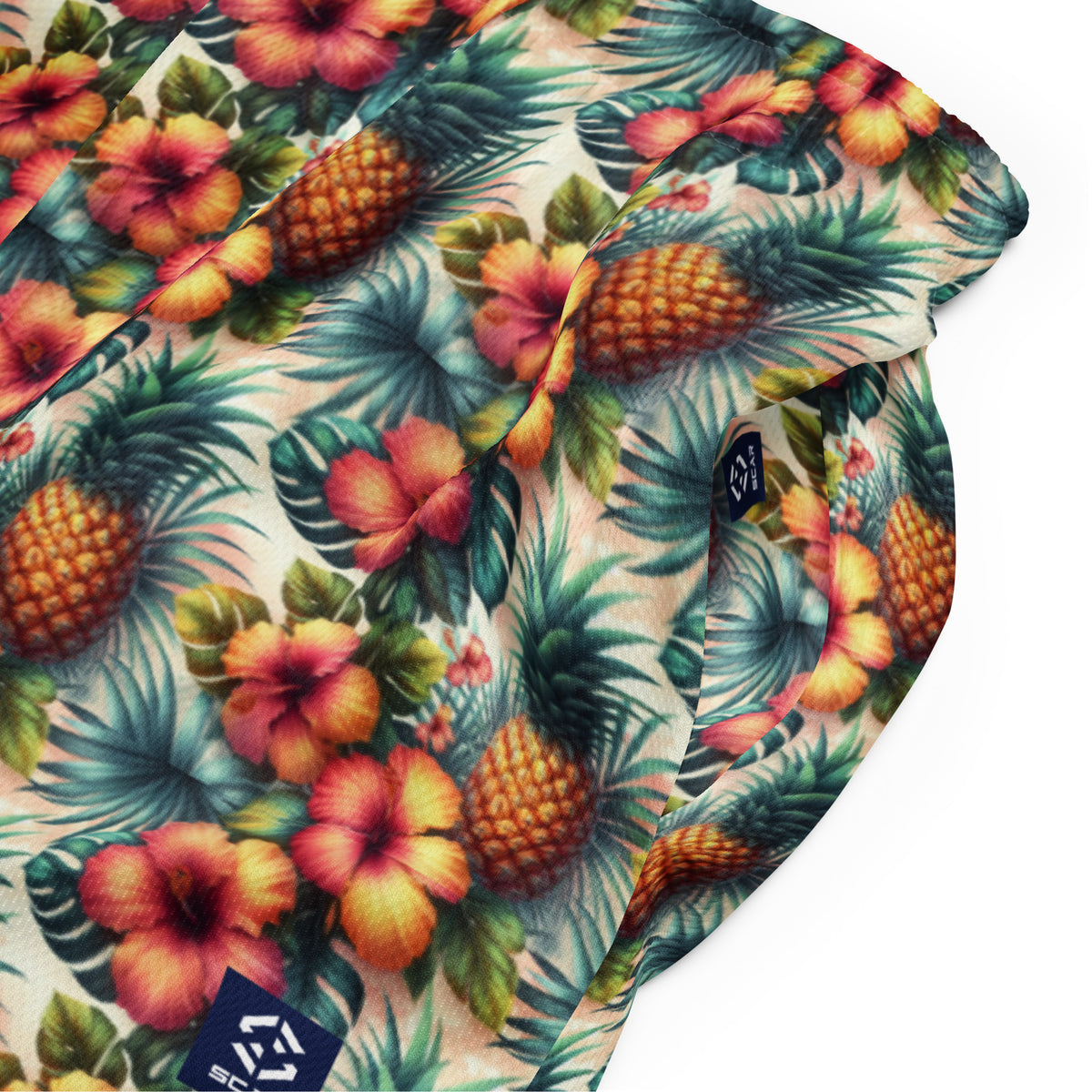 Unisex mesh shorts with tropical pineapple and hibiscus floral print, drawstring waistband