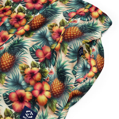 Unisex mesh shorts with tropical pineapple and hibiscus floral print, drawstring waistband