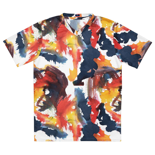 Unisex sports jersey with V-neck, short sleeves, and multicolor abstract paint-splash pattern.