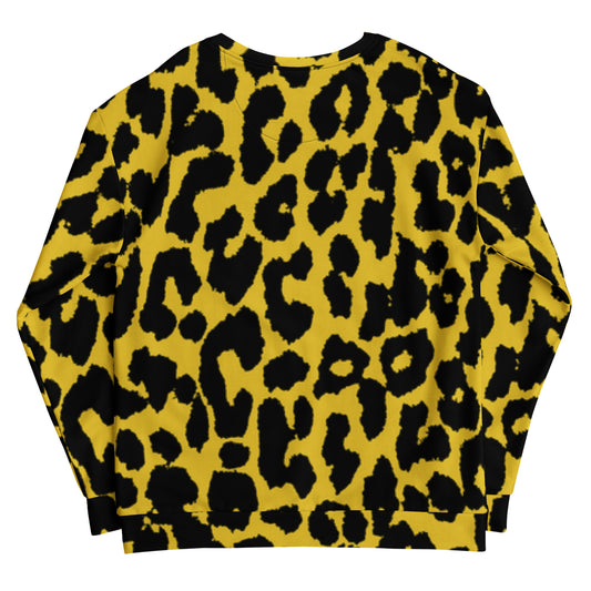 Leopard print unisex sweatshirt with long sleeves and crew neckline, yellow with dark spots