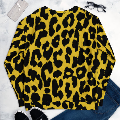Leopard print unisex sweatshirt close-up, yellow and black crew neck, long sleeves