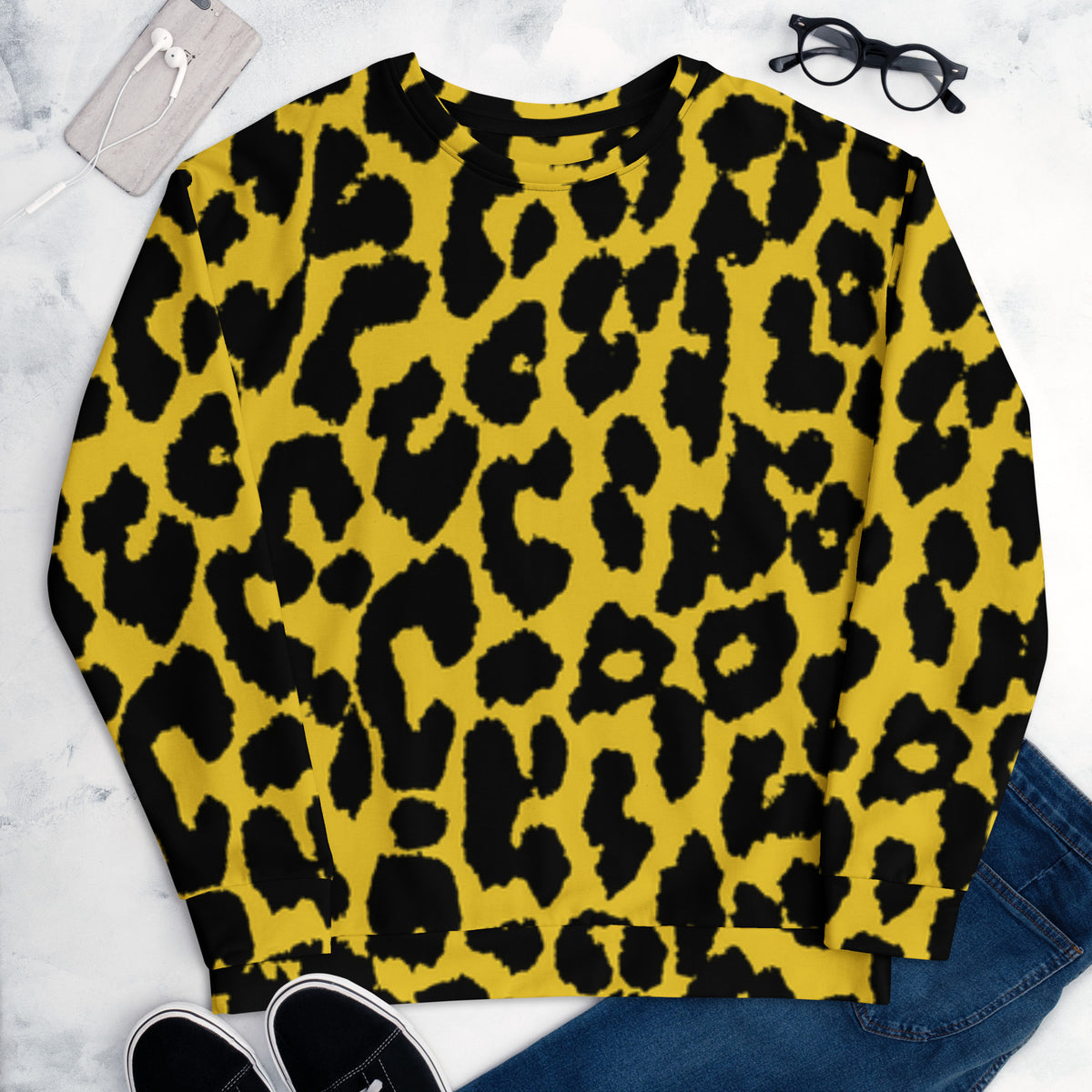 Leopard print sweatshirt, yellow with black spots, crew neck and long sleeves