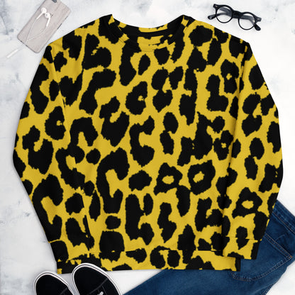 Leopard print sweatshirt, yellow with black spots, crew neck and long sleeves