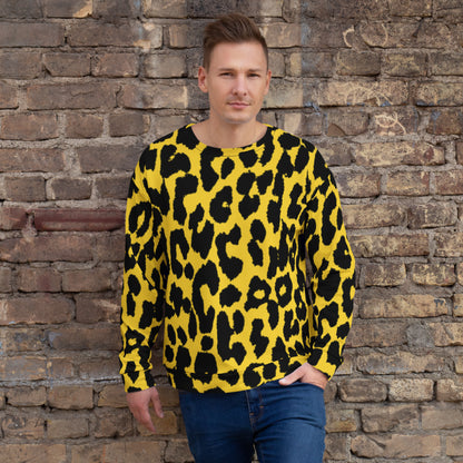Leopard print sweatshirt on a man, yellow with dark spots, crew neck and ribbed cuffs