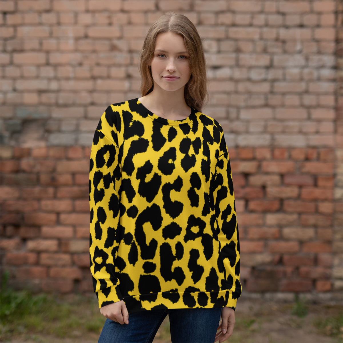Leopard print sweatshirt on a woman, yellow with dark spots, long sleeves and crew neck