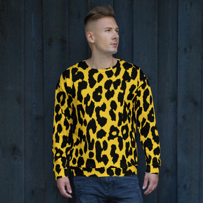 Leopard print sweatshirt worn by a man, yellow with dark spots, long sleeves and crew neck