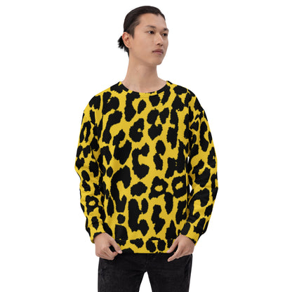 Leopard print sweatshirt, yellow with black spots, crew neckline and long sleeves