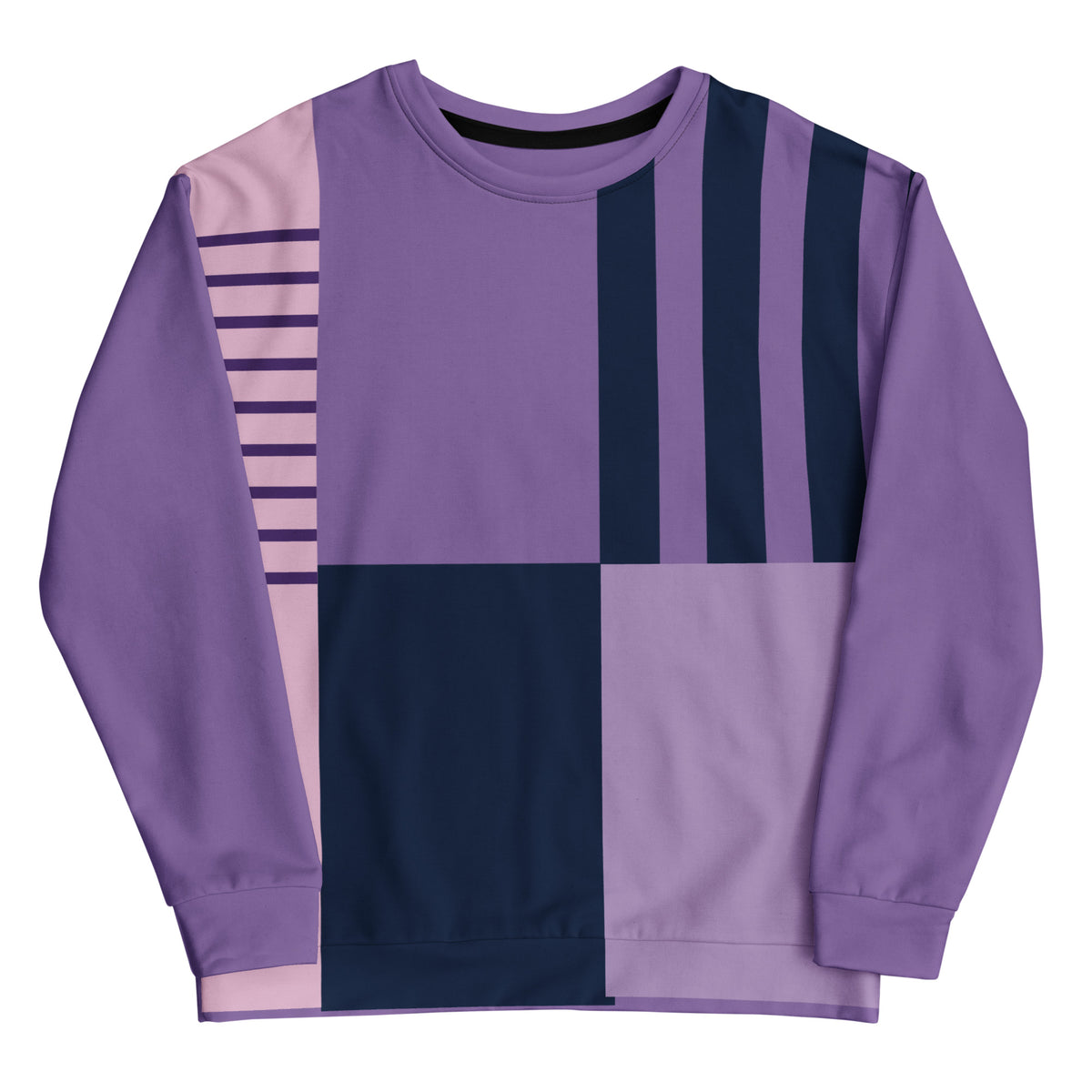 Unisex purple sweatshirt with abstract geometric panel graphic, crew neck, long sleeves
