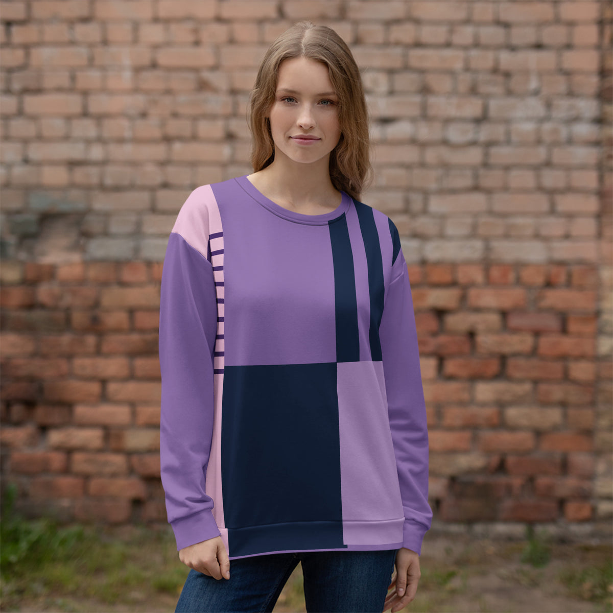 Unisex purple geometric graphic sweatshirt with crew neck, long sleeves
