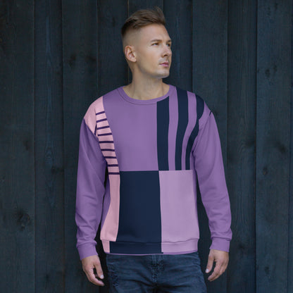 Unisex purple geometric graphic sweatshirt with crew neck and long sleeves, striped panels
