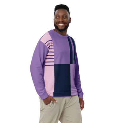 Unisex purple geometric panel sweatshirt with crew neck, long sleeves