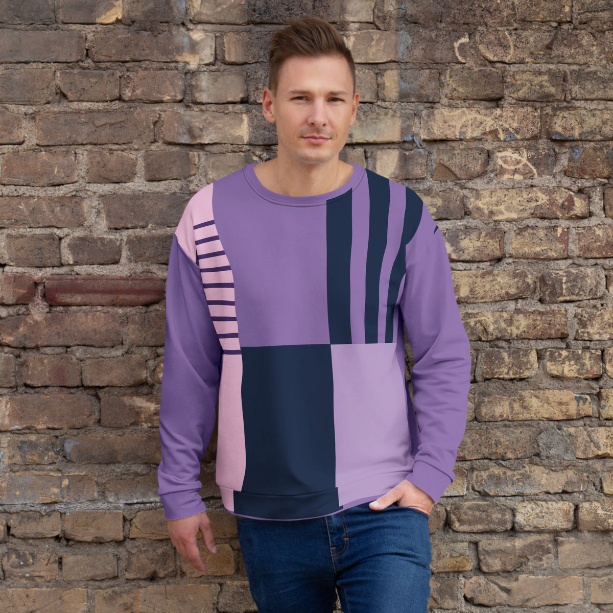 Unisex purple abstract patchwork sweatshirt with crew neck, long sleeves